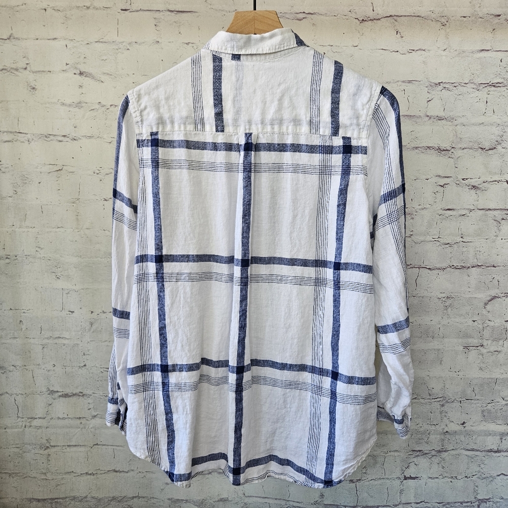Gap Boyfriend Fit White Blue Plaid Linen Long Sleeve Button Up Shirt Medium - Picture 6 of 13